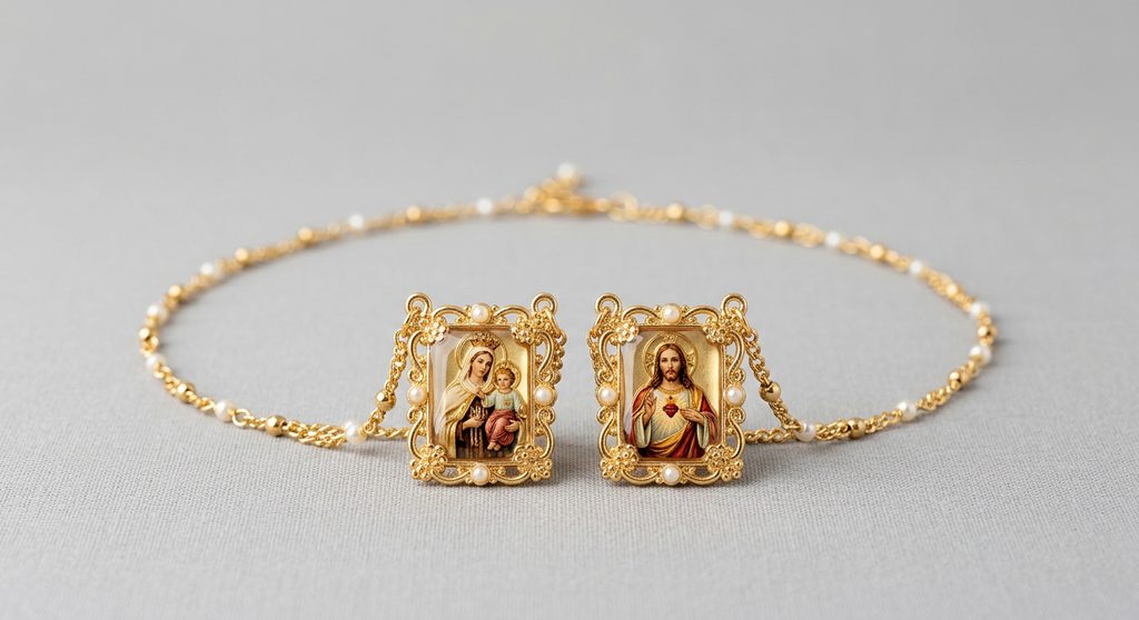 Escapulário Metal Dourado Resinado Pérola