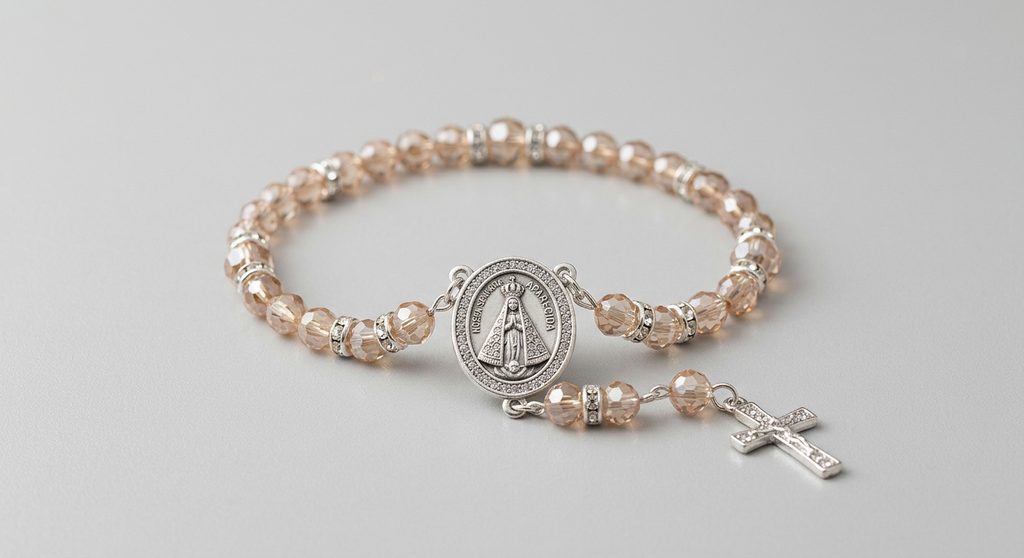 Pulseira Terço Cristal Nude Strass - N. S. Aparecida